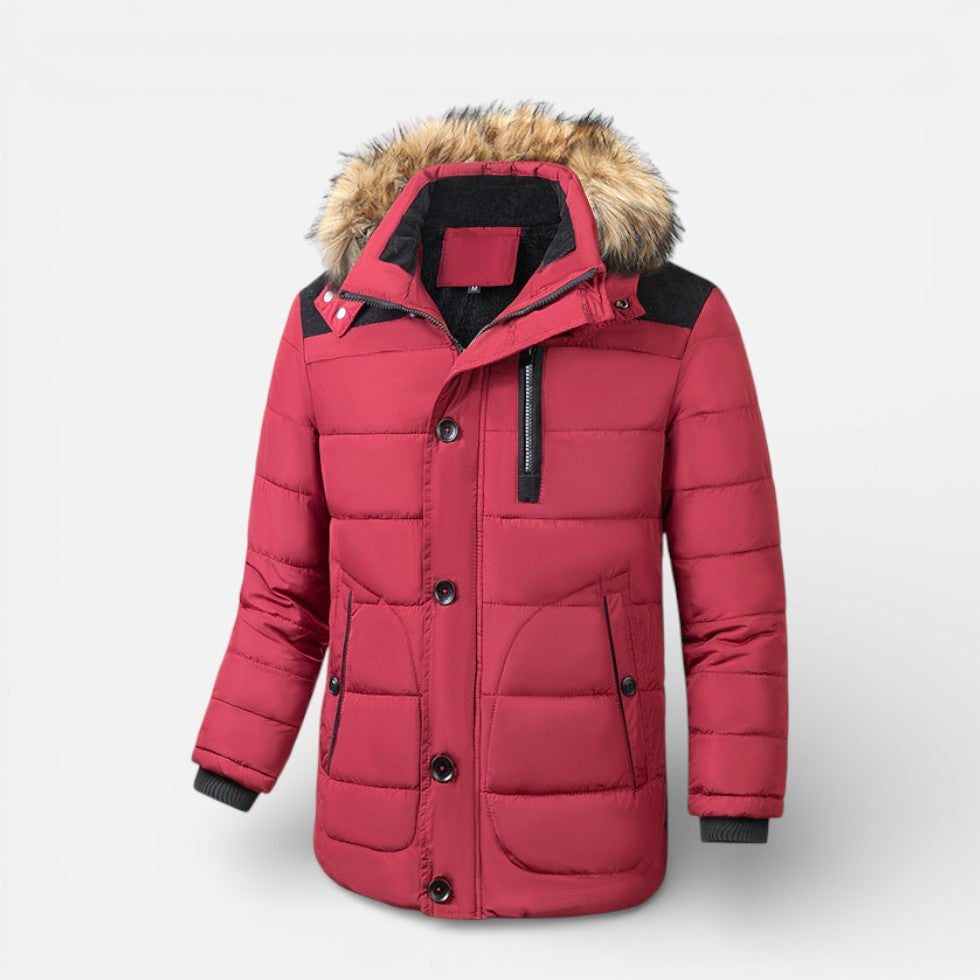 Herren Steppjacke mit Kapuze und Kunstfellbesatz