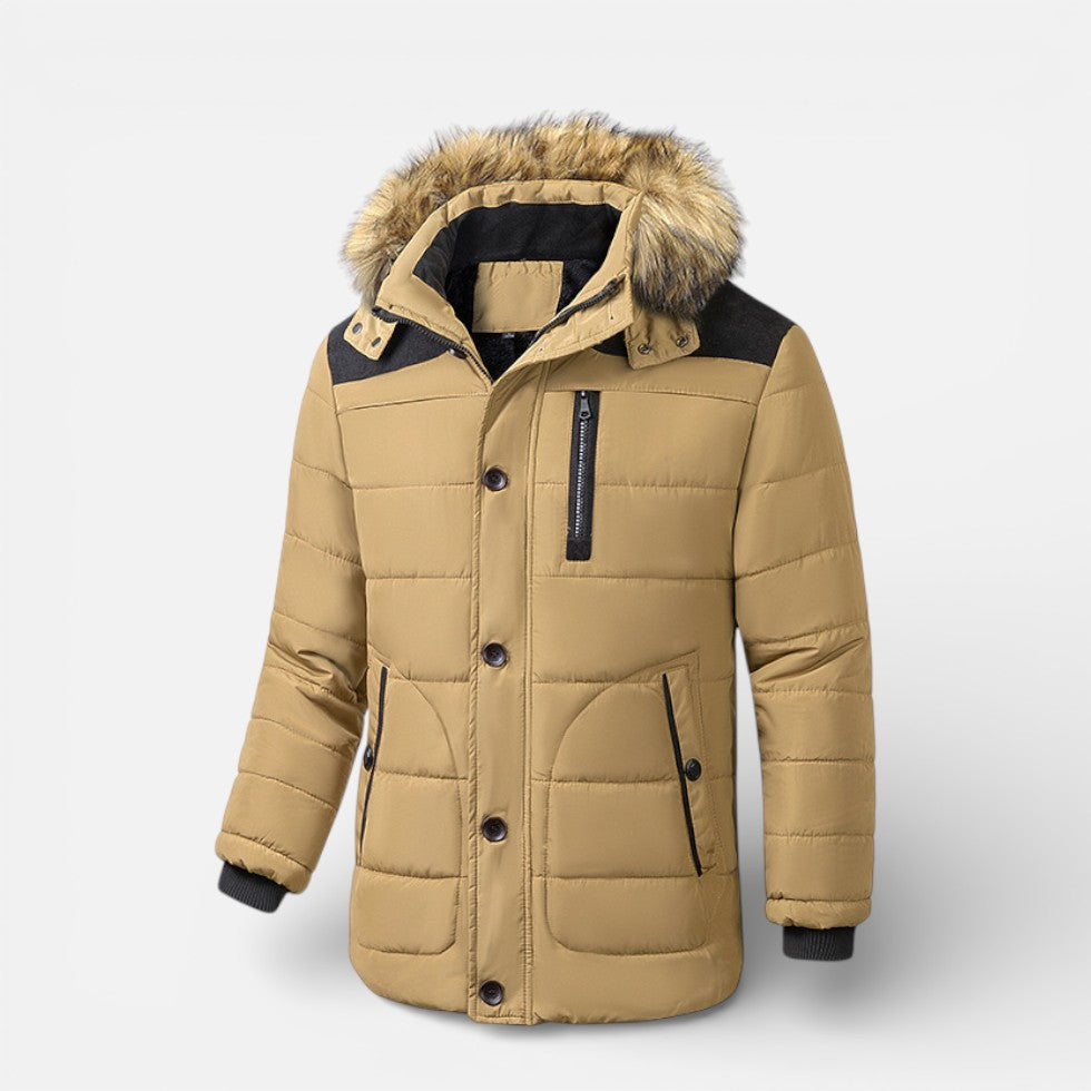 Herren Steppjacke mit Kapuze und Kunstfellbesatz