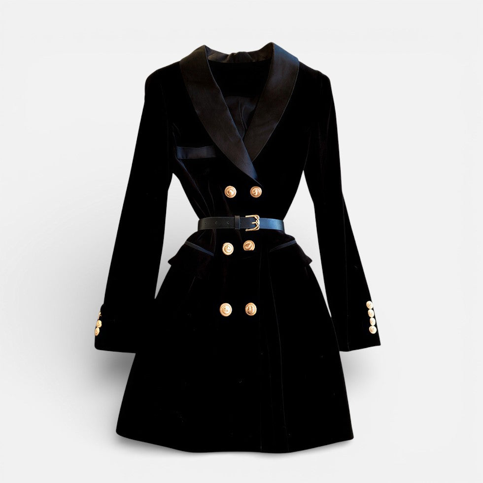 Damen Samt Blazerkleid mit Revers und Gürtel