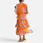 Midikleid Volants V Ausschnitt Dreiviertelarm Gemustert