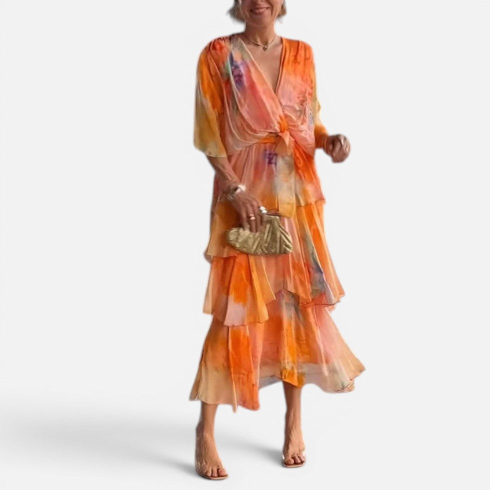 Midikleid Volants V Ausschnitt Dreiviertelarm Gemustert