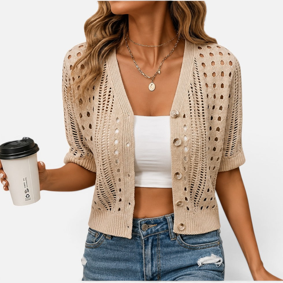 Strickjacke Lochmuster V Ausschnitt Kurzarm Knopfleiste