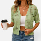 Strickjacke Lochmuster V Ausschnitt Kurzarm Knopfleiste