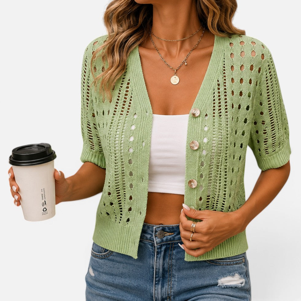 Strickjacke Lochmuster V Ausschnitt Kurzarm Knopfleiste