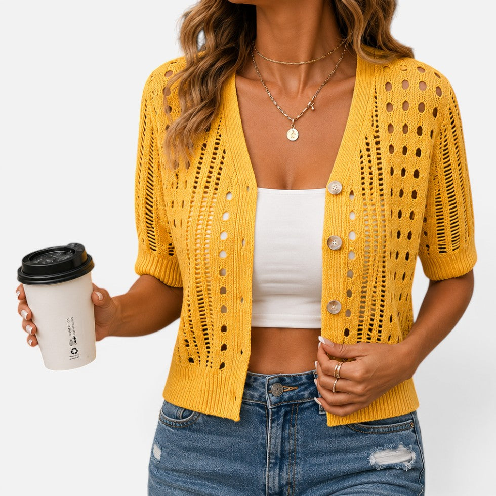 Strickjacke Lochmuster V Ausschnitt Kurzarm Knopfleiste