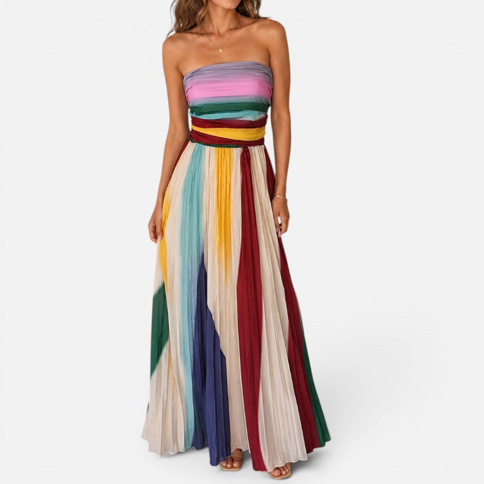 Damen Maxikleid Trägerlos mit Plisseerock