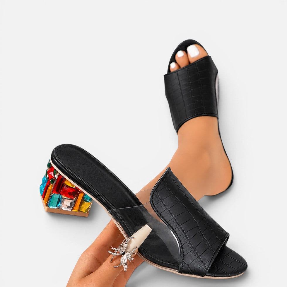 Pantoletten mit Schmuckabsatz und Transparentdetails