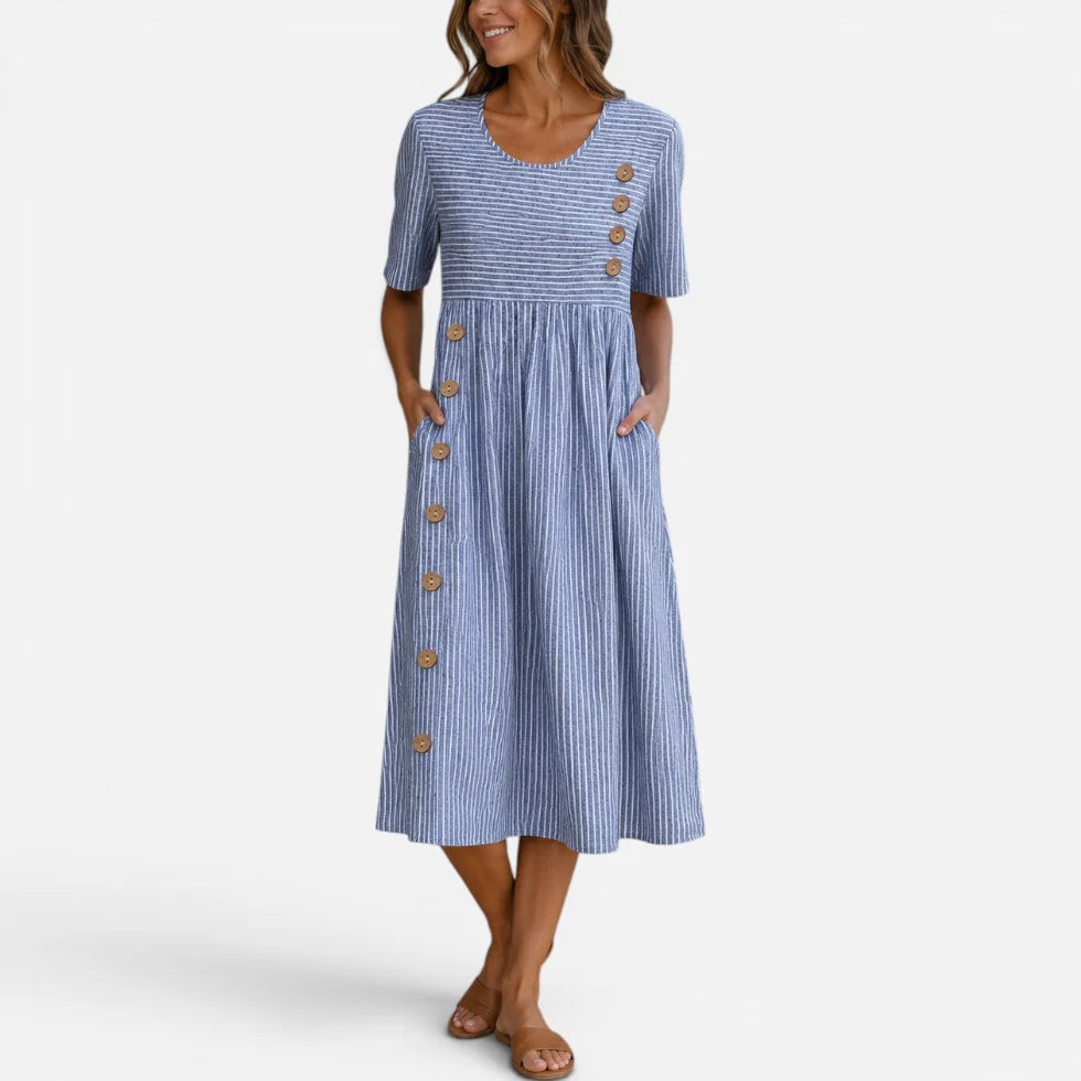 Midikleid Gestreift Rundhals Kurzarm Knopfleiste
