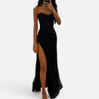 Glitzer Maxikleid mit Beinschlitz und Spaghettiträgern