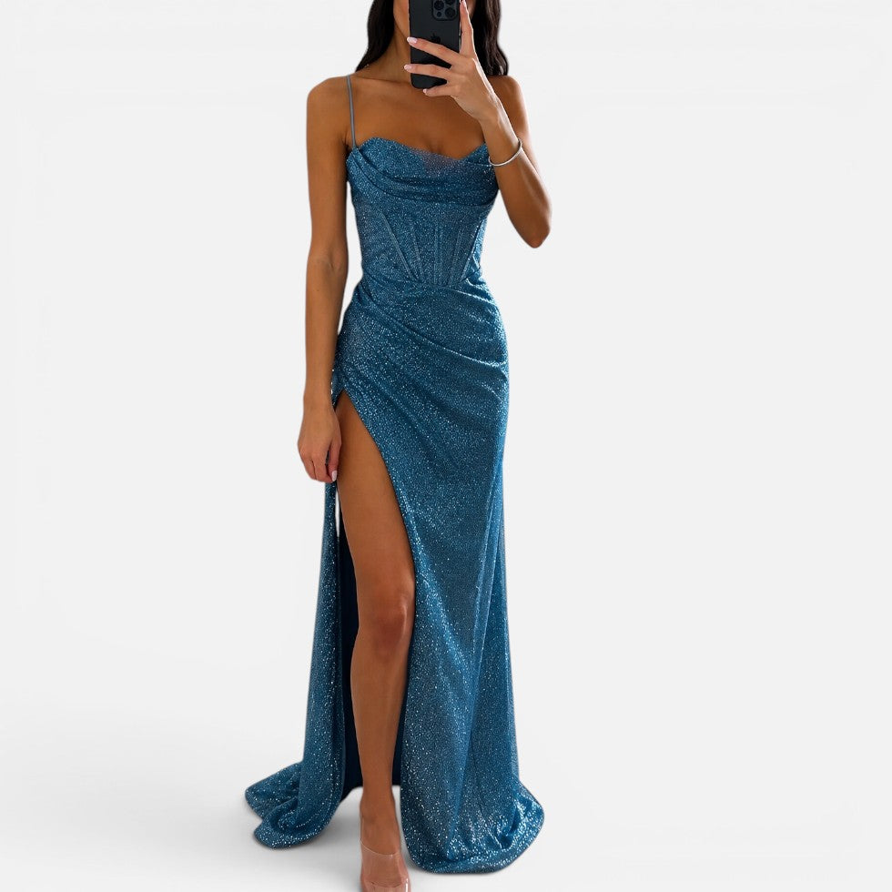 Glitzer Maxikleid mit Beinschlitz und Spaghettiträgern