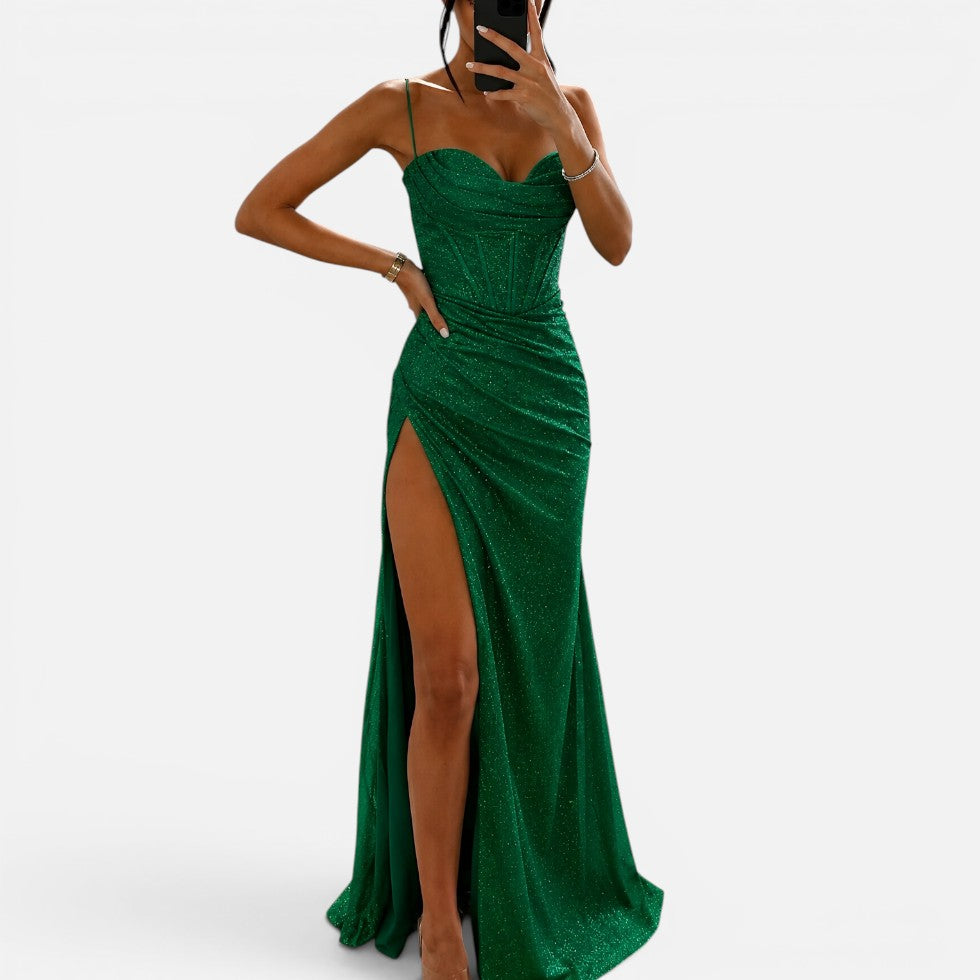 Glitzer Maxikleid mit Beinschlitz und Spaghettiträgern