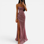 Glitzer Maxikleid mit Beinschlitz und Spaghettiträgern