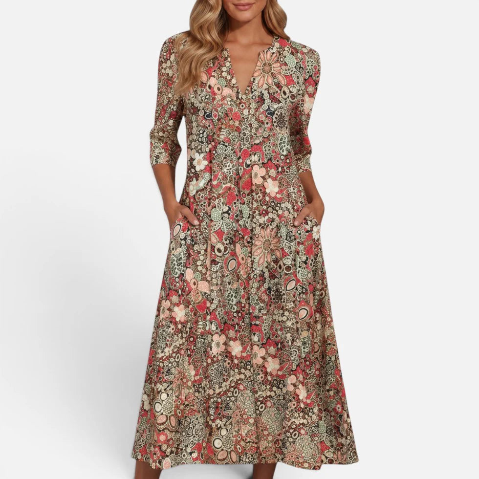 Midikleid V Ausschnitt Dreiviertelarm Florales Muster