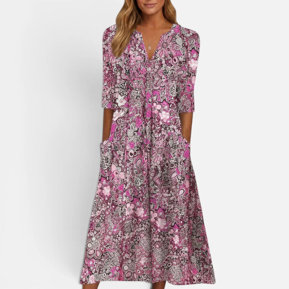Midikleid V Ausschnitt Dreiviertelarm Florales Muster