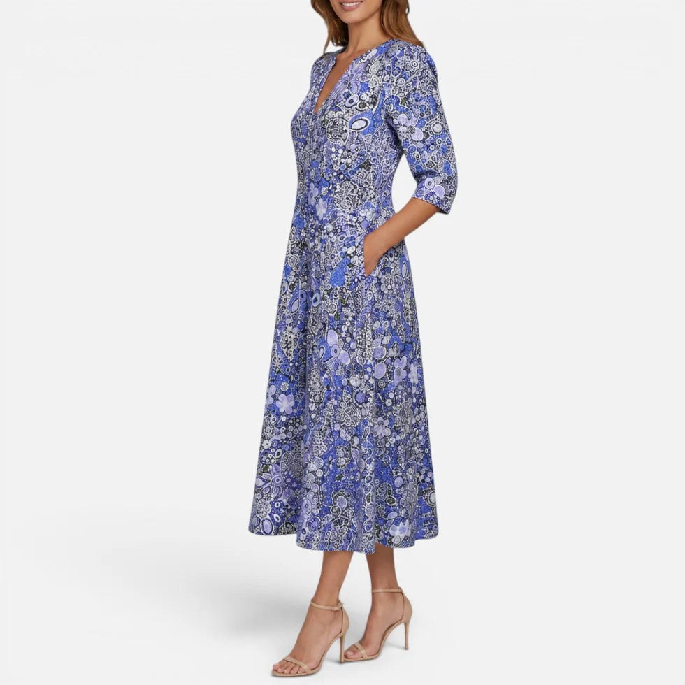 Midikleid V Ausschnitt Dreiviertelarm Florales Muster