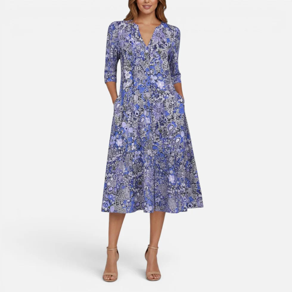 Midikleid V Ausschnitt Dreiviertelarm Florales Muster
