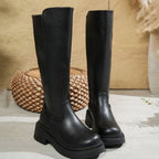 Damen Kniehohe Stiefel aus Kunstleder mit Plateausohle – Plateaustiefel mit Blockabsatz, Herbst Winter