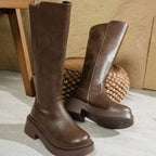 Damen Kniehohe Stiefel aus Kunstleder mit Plateausohle – Plateaustiefel mit Blockabsatz, Herbst Winter