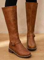 Damen Kniehohe Stiefel aus Kunstleder mit goldener Schnalle – Stiefel mit Profilsohle, Herbst Winter