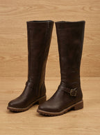Damen Kniehohe Stiefel aus Kunstleder mit goldener Schnalle – Stiefel mit Profilsohle, Herbst Winter