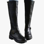 Damen Kniehohe Lederstiefel mit Schnalle und Profilsohle – Gepolsterte Stiefel mit Reißverschluss, Herbst Winter