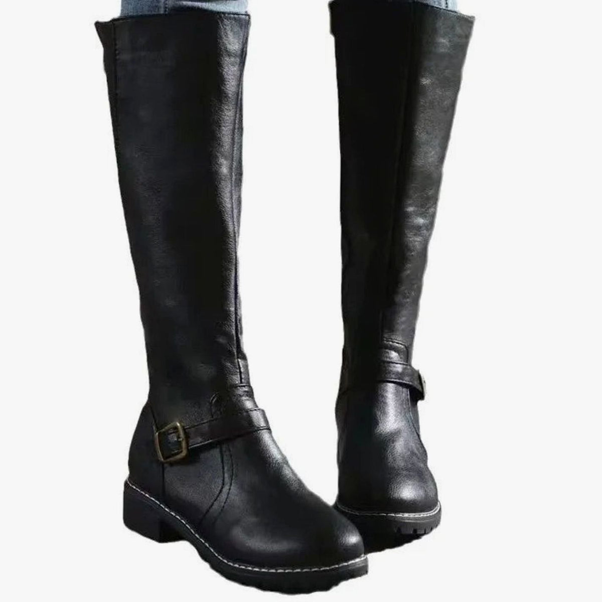 Damen Kniehohe Lederstiefel mit Schnalle und Profilsohle – Gepolsterte Stiefel mit Reißverschluss, Herbst Winter