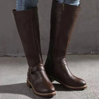 Damen Kniehohe Lederstiefel mit Schnalle und Profilsohle – Gepolsterte Stiefel mit Reißverschluss, Herbst Winter