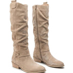 Damen Slouchy Stiefel in Wildlederoptik mit Knöchelriemen – Kniehohe Stiefel mit Blockabsatz, Herbst Winter