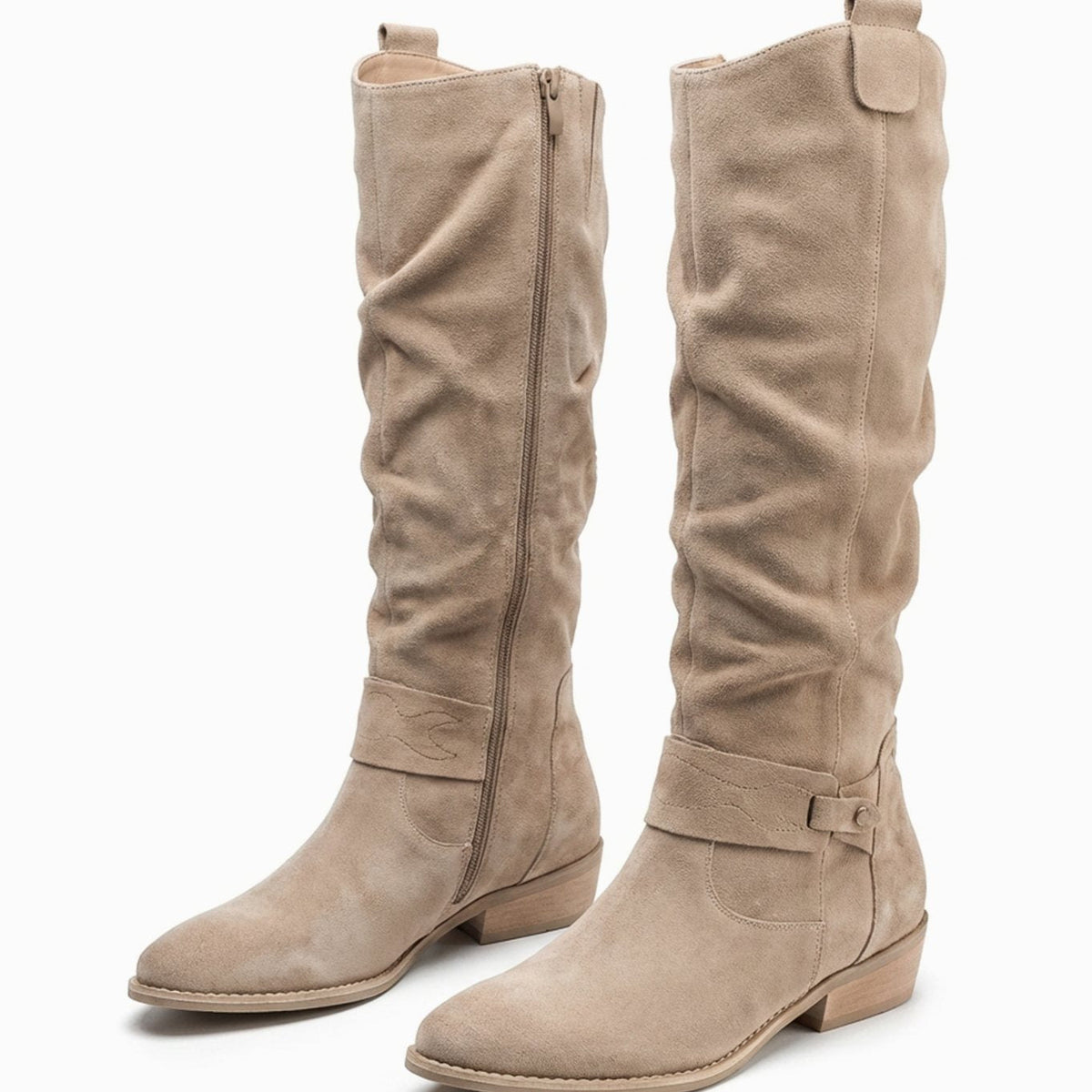 Damen Slouchy Stiefel in Wildlederoptik mit Knöchelriemen – Kniehohe Stiefel mit Blockabsatz, Herbst Winter
