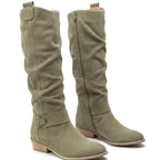 Damen Slouchy Stiefel in Wildlederoptik mit Knöchelriemen – Kniehohe Stiefel mit Blockabsatz, Herbst Winter