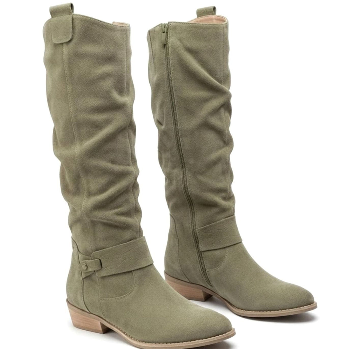 Damen Slouchy Stiefel in Wildlederoptik mit Knöchelriemen – Kniehohe Stiefel mit Blockabsatz, Herbst Winter