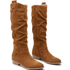 Damen Slouchy Stiefel in Wildlederoptik mit Knöchelriemen – Kniehohe Stiefel mit Blockabsatz, Herbst Winter