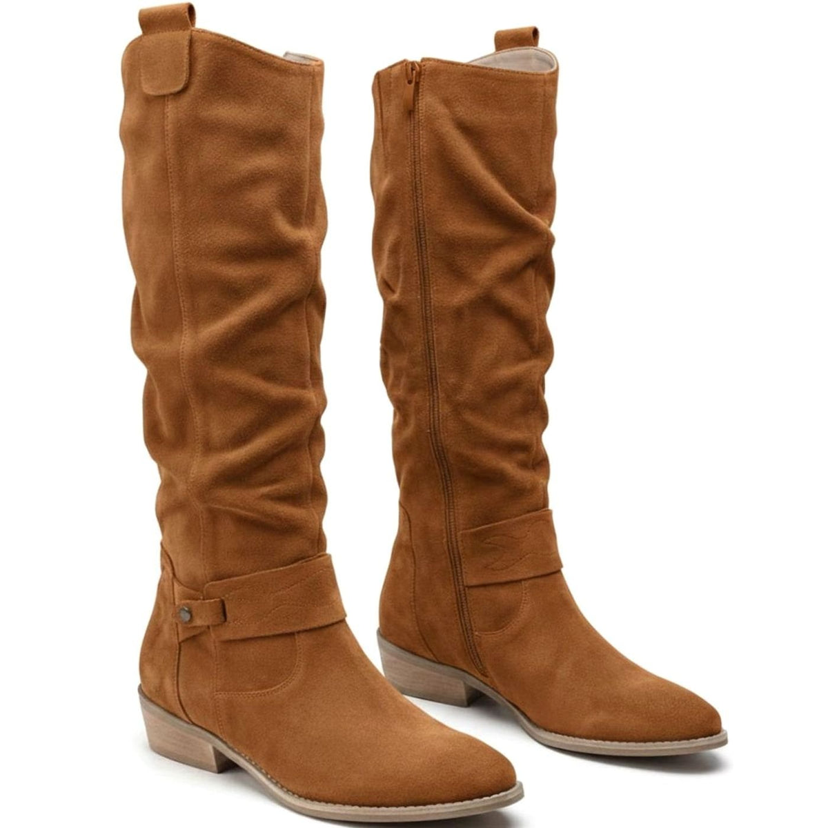 Damen Slouchy Stiefel in Wildlederoptik mit Knöchelriemen – Kniehohe Stiefel mit Blockabsatz, Herbst Winter