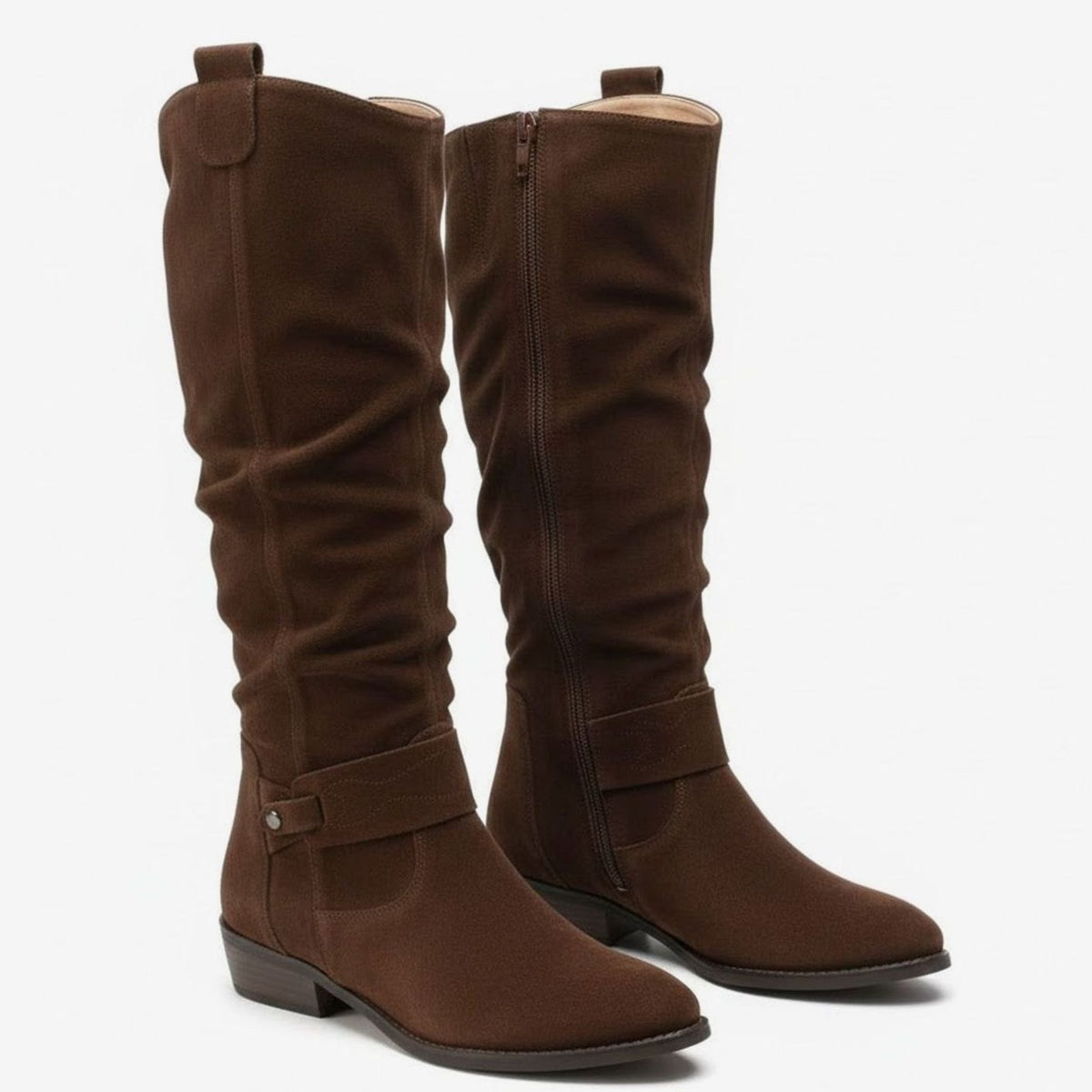 Damen Slouchy Stiefel in Wildlederoptik mit Knöchelriemen – Kniehohe Stiefel mit Blockabsatz, Herbst Winter