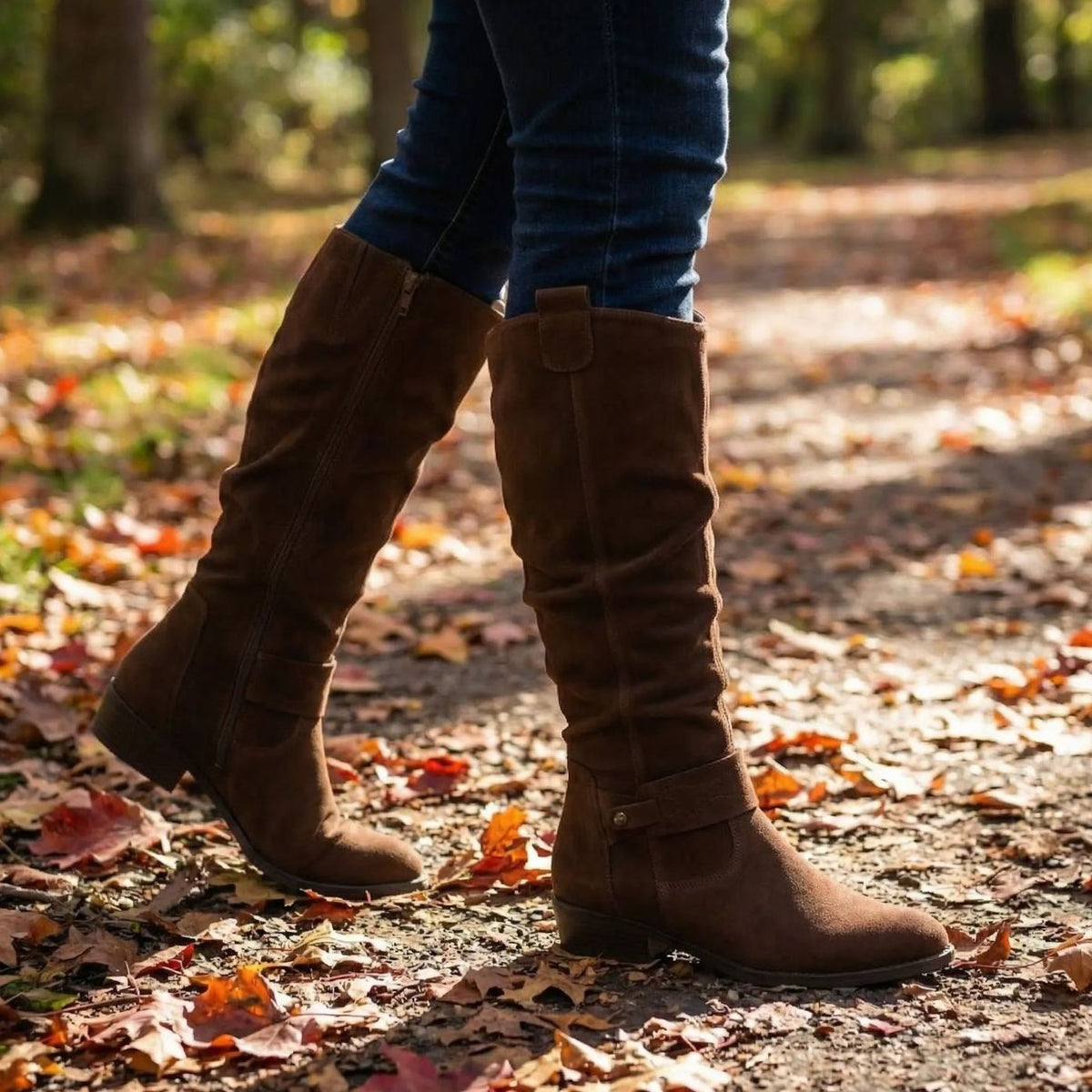 Damen Slouchy Stiefel in Wildlederoptik mit Knöchelriemen – Kniehohe Stiefel mit Blockabsatz, Herbst Winter