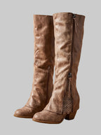 Damen Kniehohe Stiefel mit Spitzendetails – Stiefel mit klobigem Blockabsatz und Reißverschluss, Herbst Winter