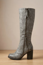 Damen Kniehohe Stiefel mit Spitzendetails – Stiefel mit klobigem Blockabsatz und Reißverschluss, Herbst Winter
