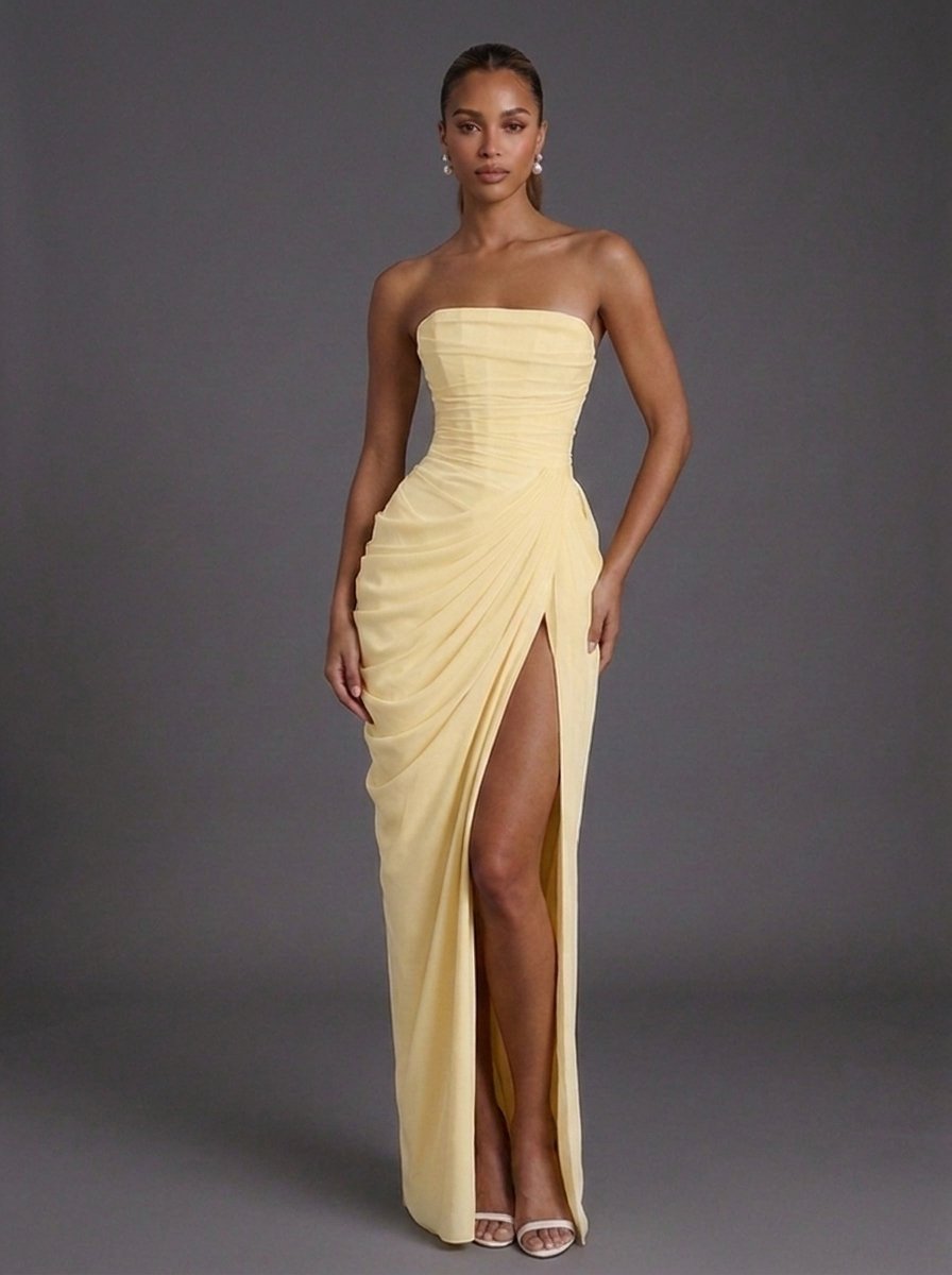 Damen-Maxikleid mit trägerlosem Korsett, Raffung und hohem Beinschlitz