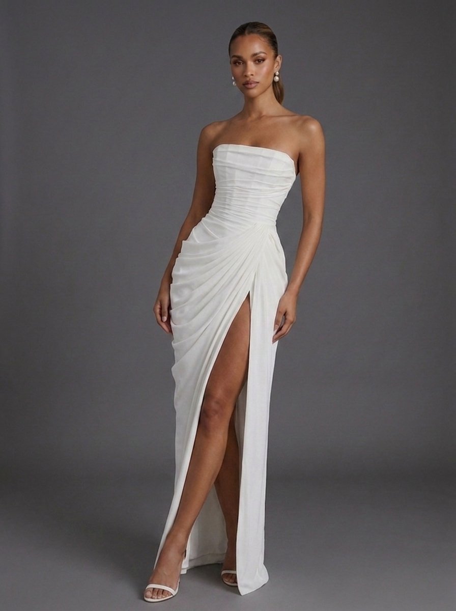 Damen-Maxikleid mit trägerlosem Korsett, Raffung und hohem Beinschlitz