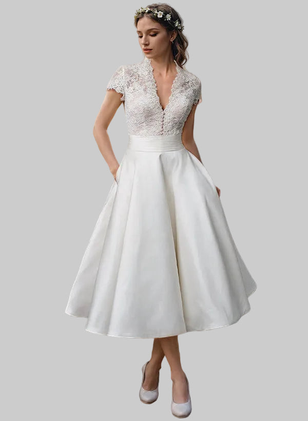 Damen-Midikleid mit Spitzenoberteil und V-Ausschnitt