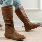 Damen Slouchy Stiefel aus Kunstleder mit flachem Absatz – Wadenhohe Stiefel mit Reißverschluss, Herbst Winter