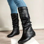 Damen Slouchy Stiefel aus Kunstleder mit flachem Absatz – Wadenhohe Stiefel mit Reißverschluss, Herbst Winter