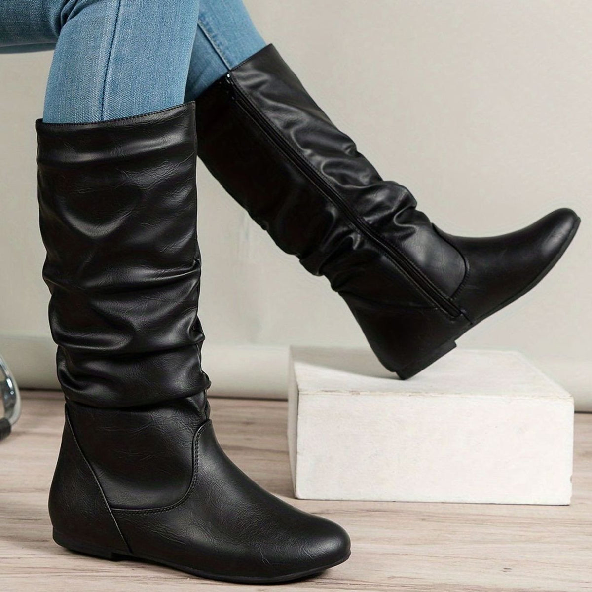 Damen Slouchy Stiefel aus Kunstleder mit flachem Absatz – Wadenhohe Stiefel mit Reißverschluss, Herbst Winter