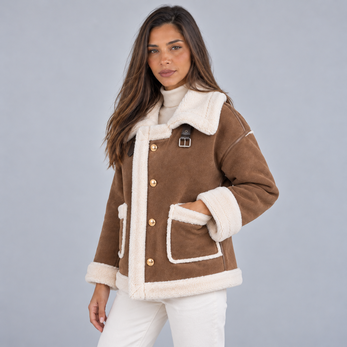 Damen Fliegerjacke in Wildlederoptik mit Teddykragen – Aviator Jacke mit Knöpfen, Herbst Winter