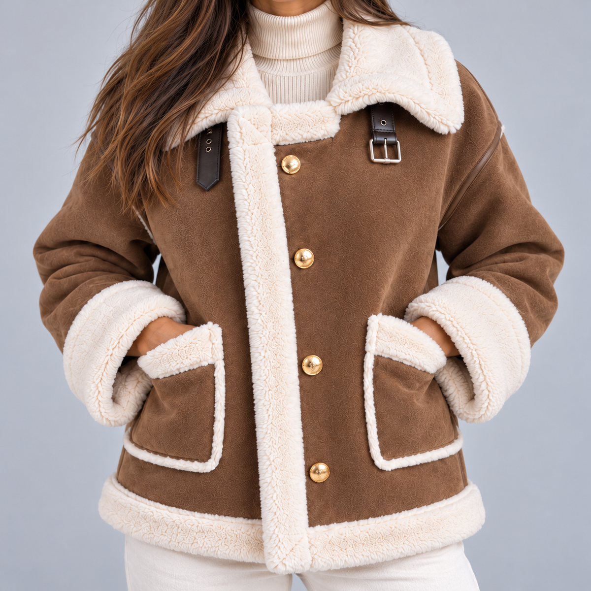 Damen Fliegerjacke in Wildlederoptik mit Teddykragen – Aviator Jacke mit Knöpfen, Herbst Winter