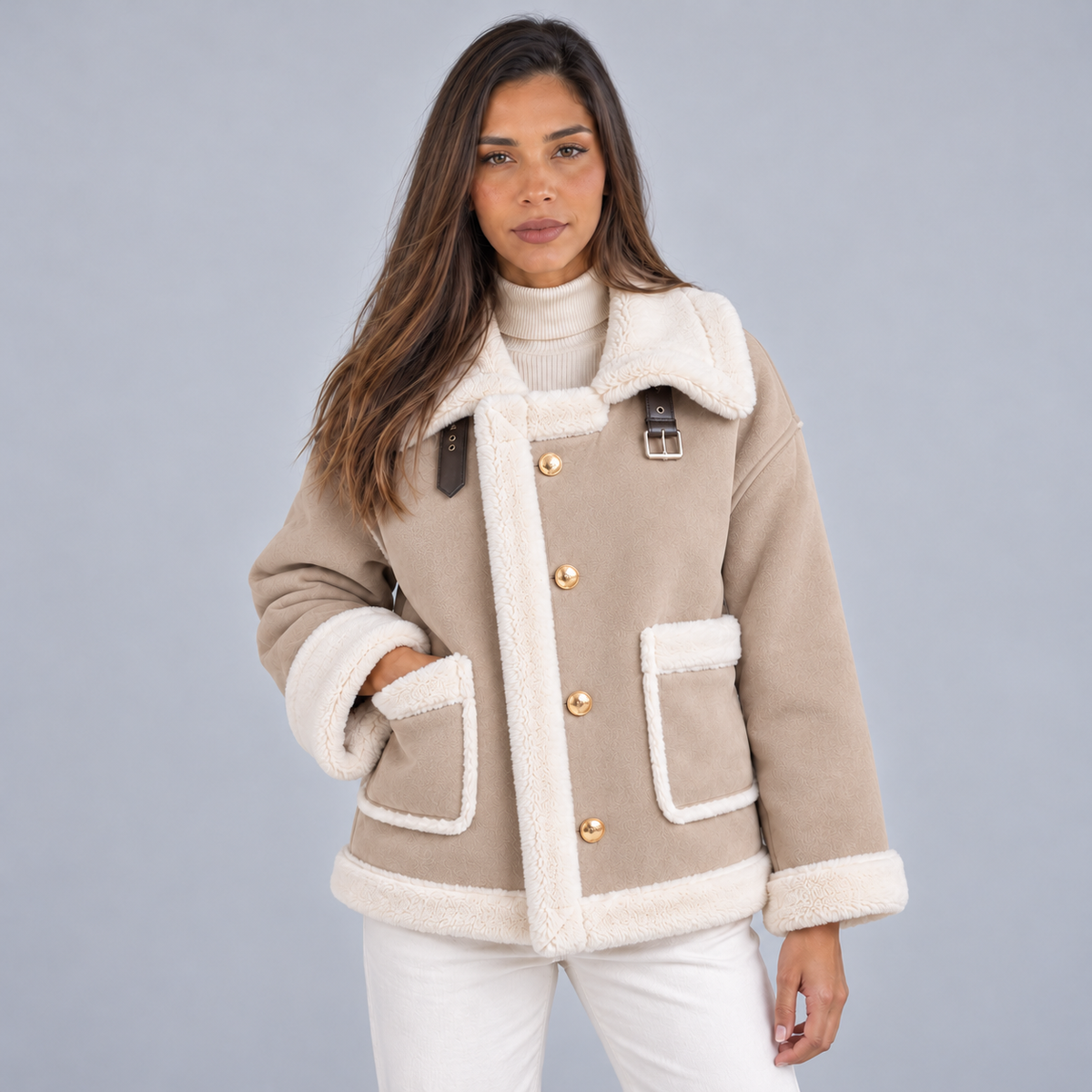 Damen Fliegerjacke in Wildlederoptik mit Teddykragen – Aviator Jacke mit Knöpfen, Herbst Winter