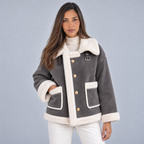 Damen Fliegerjacke in Wildlederoptik mit Teddykragen – Aviator Jacke mit Knöpfen, Herbst Winter