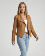 Damen Bikerjacke aus Kunstwildleder mit asymmetrischem Reißverschluss und Umlegekragen