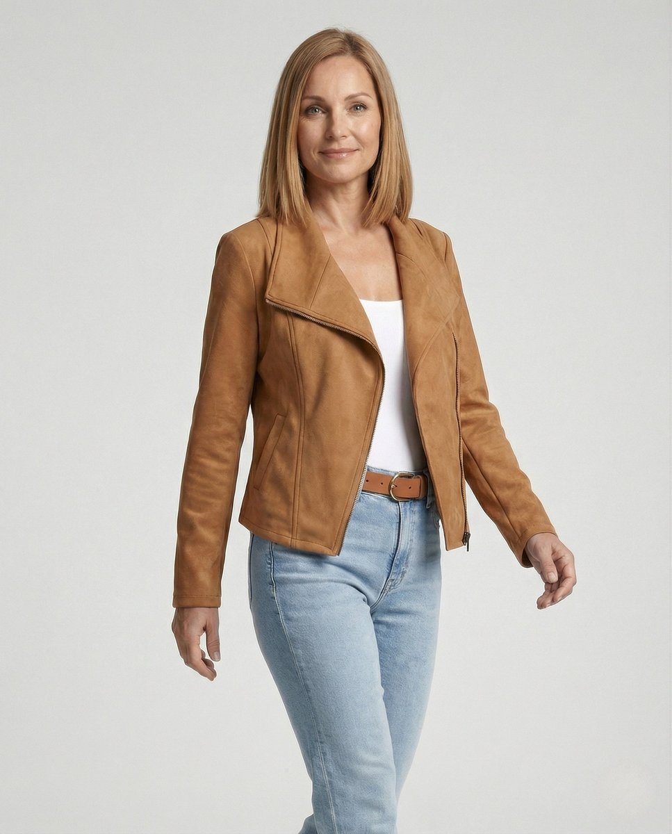 Damen Bikerjacke aus Kunstwildleder mit asymmetrischem Reißverschluss und Umlegekragen