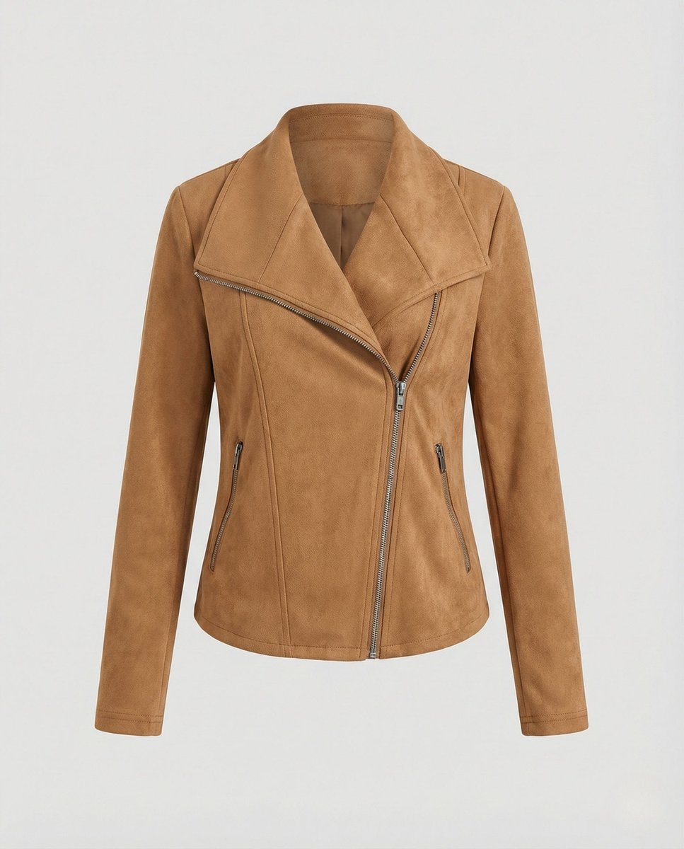 Damen Bikerjacke aus Kunstwildleder mit asymmetrischem Reißverschluss und Umlegekragen